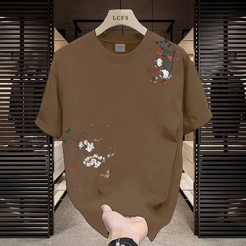Teenager Heavy Short-Sleeved T-Shirt National Style New Fashion Breathable Casual All-Match Round Neck Design Loose Short-Sleeved Daily - Image 1