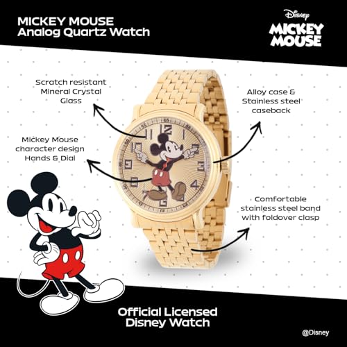 Disney Officially Licensed Mickey Mouse Watch for Men, Articulating Hands Design, Mickey Mouse Watches for Men, Classic Watch, Gold Dial, Metal Case, Stainless Steel Strap - Image 2