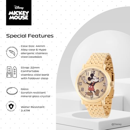 Disney Officially Licensed Mickey Mouse Watch for Men, Articulating Hands Design, Mickey Mouse Watches for Men, Classic Watch, Gold Dial, Metal Case, Stainless Steel Strap - Image 4