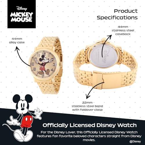 Disney Officially Licensed Mickey Mouse Watch for Men, Articulating Hands Design, Mickey Mouse Watches for Men, Classic Watch, Gold Dial, Metal Case, Stainless Steel Strap - Image 3