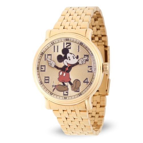 Disney Officially Licensed Mickey Mouse Watch for Men, Articulating Hands Design, Mickey Mouse Watches for Men, Classic Watch, Gold Dial, Metal Case, Stainless Steel Strap - Image 1