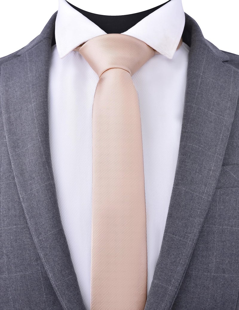 Branduce Mens Wedding Tie Solid Color 2.4" Beige Slim Necktie 6cm Skinny Champagne Tie for Men (TA04-09) - Image 2