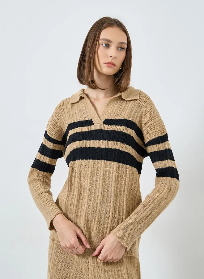 Styli Women Beige Striped Polo Neck Knit Top