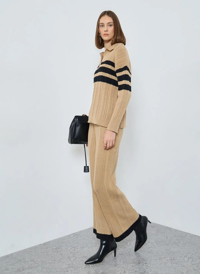 Styli Women Beige Striped Polo Neck Knit Top