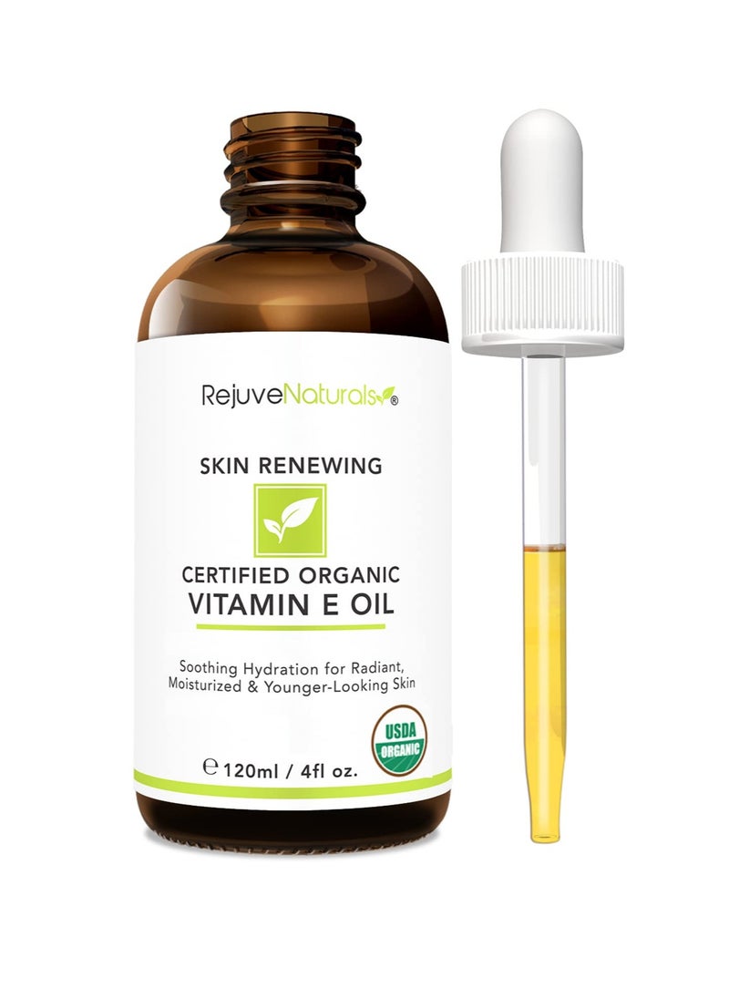 RejuveNaturals Vitamin E Oil - 100% All Natural & USDA Organic (LARGE 4oz Bottle) Repair Dry, Damaged Skin from Surgery & Acne, Age Spots & Wrinkles. For Radiant, Hydrated & Youthful Skin. Face & Body Moisturizer  - Image 1