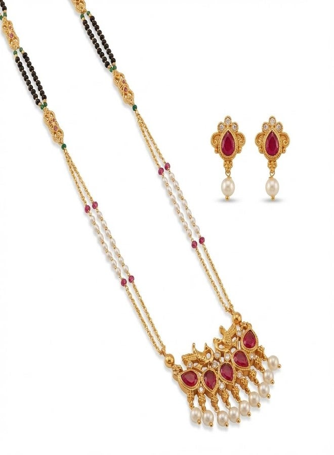 AAIKU Traditional Gold-Plated Ruby Stone Tanmani Pendant Mangalsutra Set | Designer Pearl Drop Chain Mangalsutra with Matching Earrings for Women | 36 Inch MicroPolish Finish - Image 1