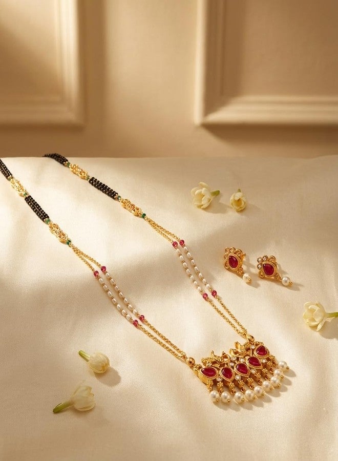 AAIKU Traditional Gold-Plated Ruby Stone Tanmani Pendant Mangalsutra Set | Designer Pearl Drop Chain Mangalsutra with Matching Earrings for Women | 36 Inch MicroPolish Finish - Image 5