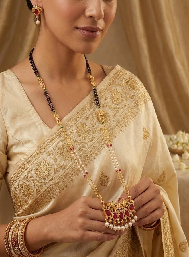 AAIKU Traditional Gold-Plated Ruby Stone Tanmani Pendant Mangalsutra Set | Designer Pearl Drop Chain Mangalsutra with Matching Earrings for Women | 36 Inch MicroPolish Finish - Image 2