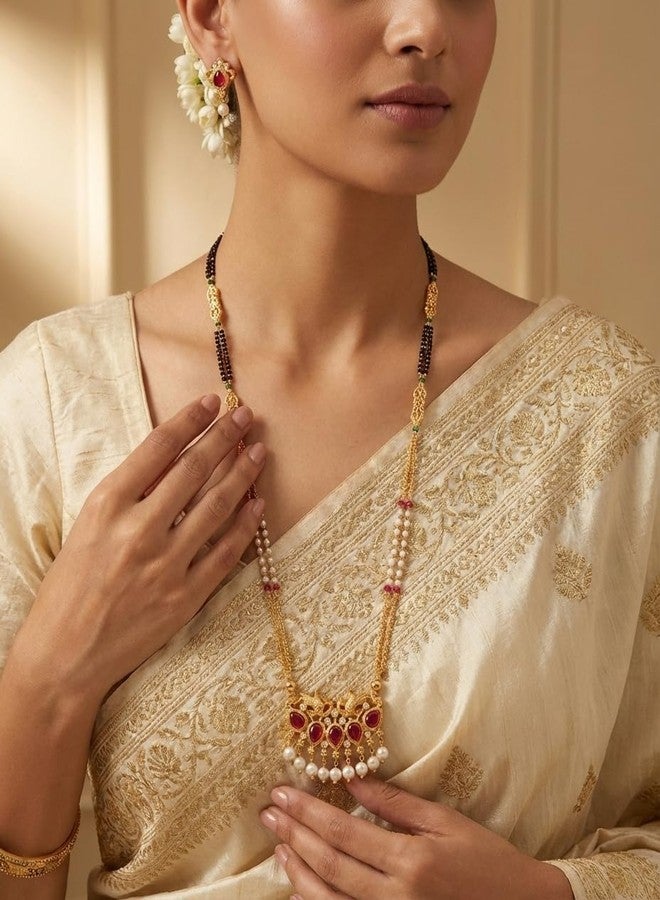 AAIKU Traditional Gold-Plated Ruby Stone Tanmani Pendant Mangalsutra Set | Designer Pearl Drop Chain Mangalsutra with Matching Earrings for Women | 36 Inch MicroPolish Finish - Image 4