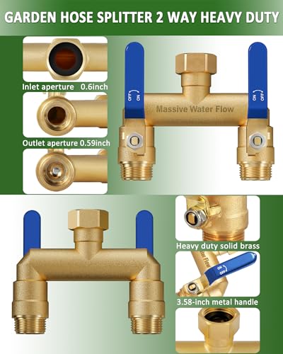 LNEZCDB Hose Splitter 2 Way Heavy Duty, Full Flow Garden Hose Splitter with 2 Long Metal Handles, Brass Rust and Freeze Resistant Water Hose Bib Splitter, T Adapter Connector with 3/4 - Inch GHT Thread（Blue） - Image 4