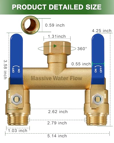 LNEZCDB Hose Splitter 2 Way Heavy Duty, Full Flow Garden Hose Splitter with 2 Long Metal Handles, Brass Rust and Freeze Resistant Water Hose Bib Splitter, T Adapter Connector with 3/4 - Inch GHT Thread（Blue） - Image 2