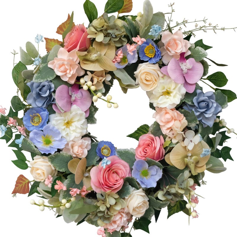 idyllic 22" Artificial Flower Wreath, Colorful Spring/Summer Floral Wreaths with Roses Orchid Gardenia Hydrangea for Front Door Wall Window Holiday Festival Party Banquet Wedding Decor - Image 1