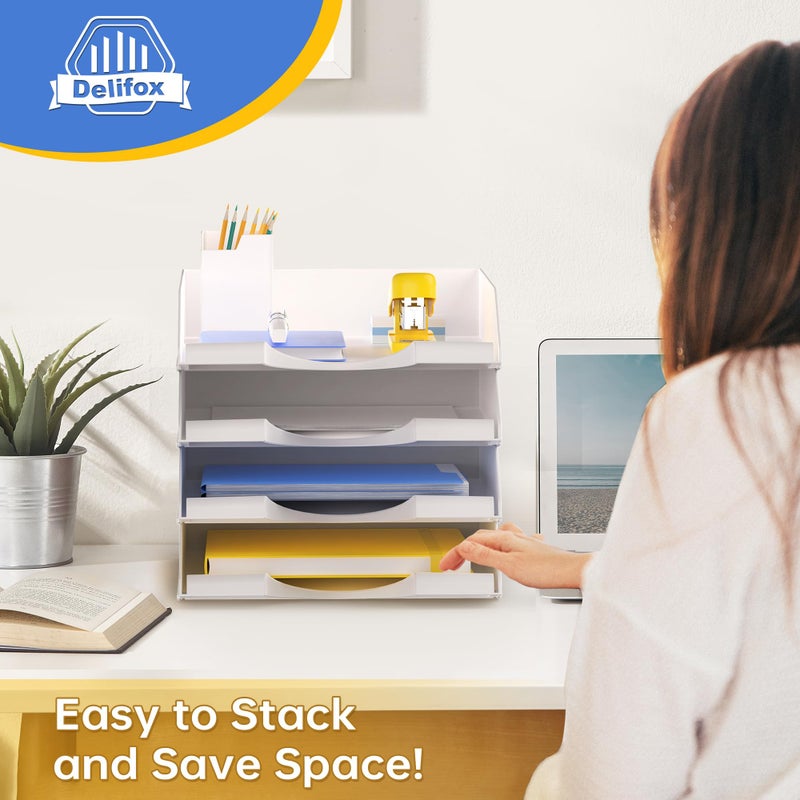 Delifox 4 Pack Stackable Paper Trays for Letter Documents, Desktop File Organizers for Office Supplies, Stackable Desk Tray Holder for Paper Storage, White - Image 5