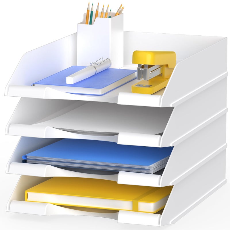 Delifox 4 Pack Stackable Paper Trays for Letter Documents, Desktop File Organizers for Office Supplies, Stackable Desk Tray Holder for Paper Storage, White - Image 1