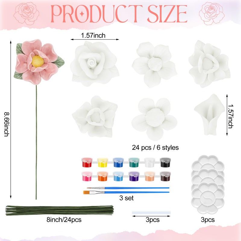 RattanView 24 Set 3D DIY Flower Ceramics to Paint Kit Ready to Paint Your Own Flower Figurines Unpainted Ceramics Spring Painting Statues Crafts for Adult Party Favor Valentine's Day - Image 2