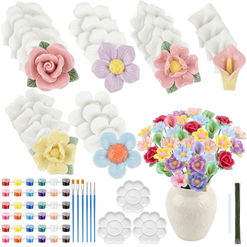 RattanView 24 Set 3D DIY Flower Ceramics to Paint Kit Ready to Paint Your Own Flower Figurines Unpainted Ceramics Spring Painting Statues Crafts for Adult Party Favor Valentine's Day - Image 1