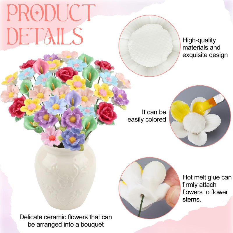 RattanView 24 Set 3D DIY Flower Ceramics to Paint Kit Ready to Paint Your Own Flower Figurines Unpainted Ceramics Spring Painting Statues Crafts for Adult Party Favor Valentine's Day - Image 3