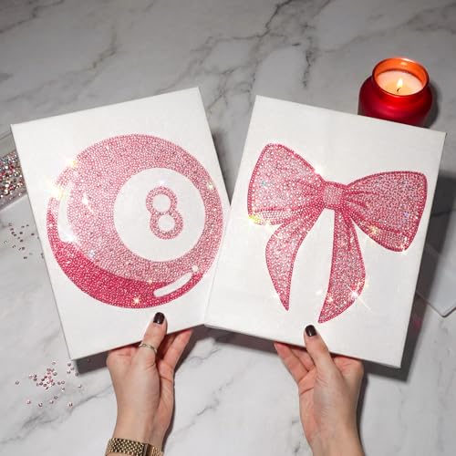 Shappy 2 Pcs Pink Preppy Diamond Art Kits Pink Bow and 8 Ball Coquette Diamond Art Kits for Painting DIY Adults Beginners Preppy Girly Room Bedroom Home Decor 118 X118 Inch - Image 1