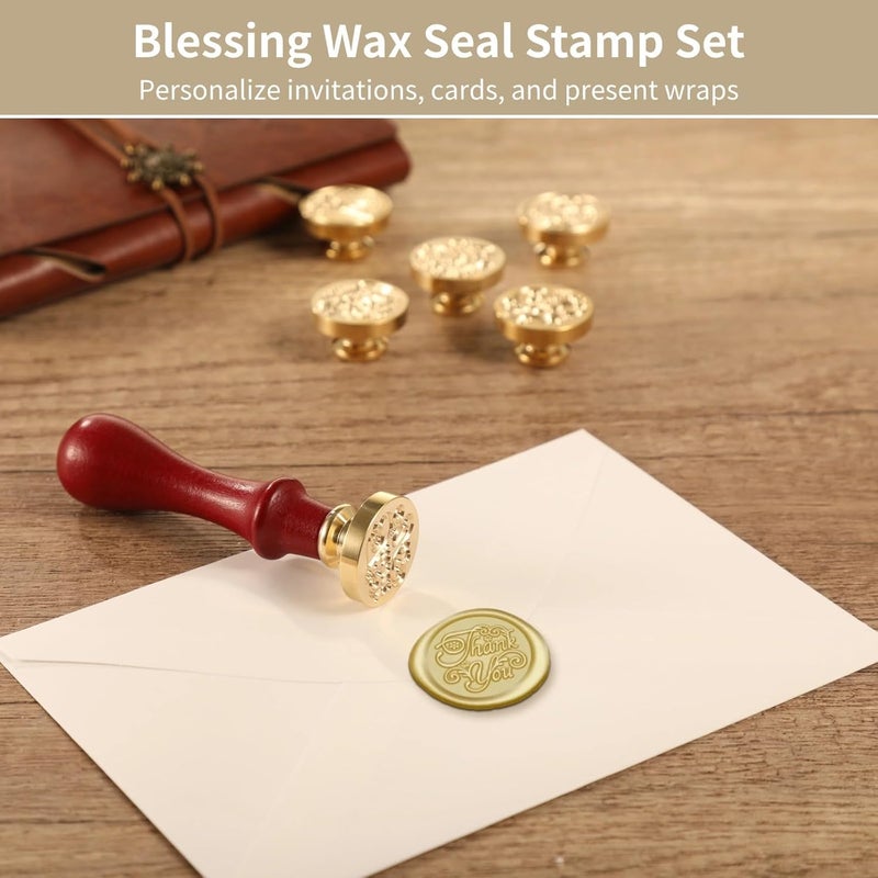 Wooden Handle Wax Seal Stamp Set, Includes 6 Copper Stamps for Invitations and Gifts, Love, Thank You, Birthday Designs, Comes in Gift Box with Ribbon - Image 4