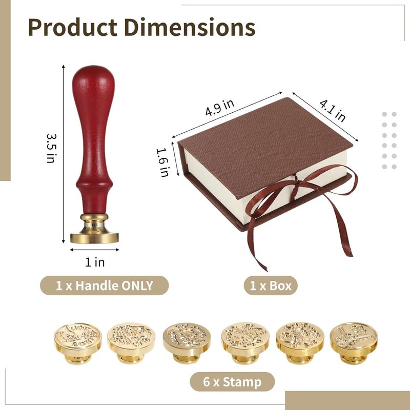 Wooden Handle Wax Seal Stamp Set, Includes 6 Copper Stamps for Invitations and Gifts, Love, Thank You, Birthday Designs, Comes in Gift Box with Ribbon - Image 5