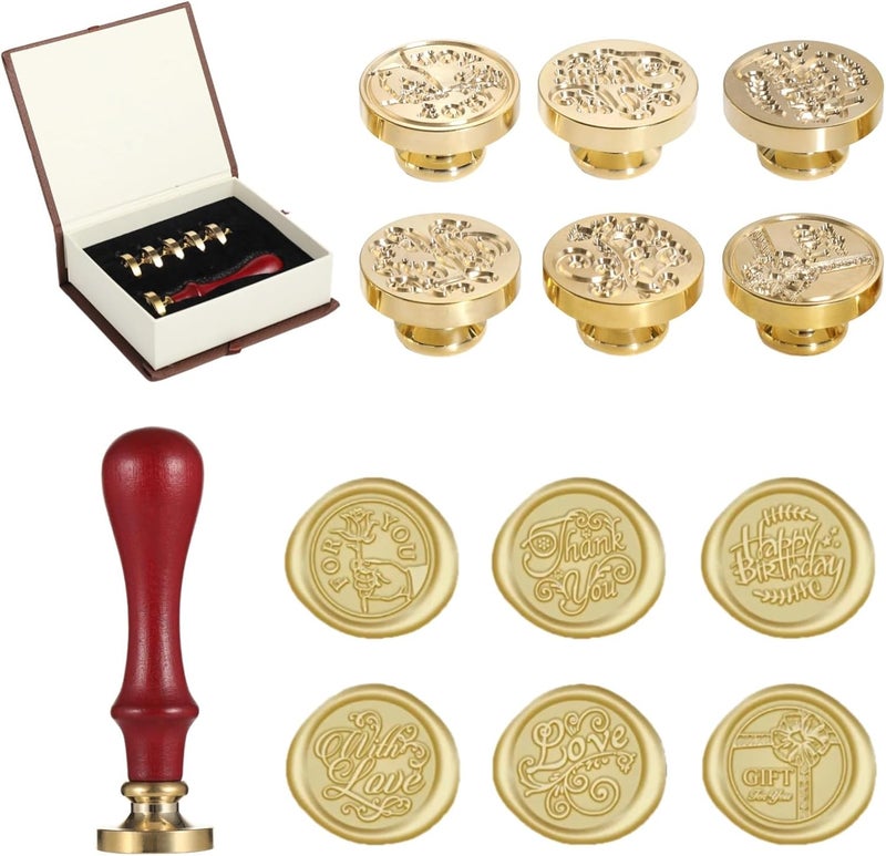 Wooden Handle Wax Seal Stamp Set, Includes 6 Copper Stamps for Invitations and Gifts, Love, Thank You, Birthday Designs, Comes in Gift Box with Ribbon - Image 1