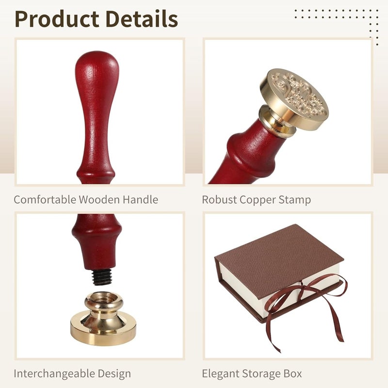 Wooden Handle Wax Seal Stamp Set, Includes 6 Copper Stamps for Invitations and Gifts, Love, Thank You, Birthday Designs, Comes in Gift Box with Ribbon - Image 2