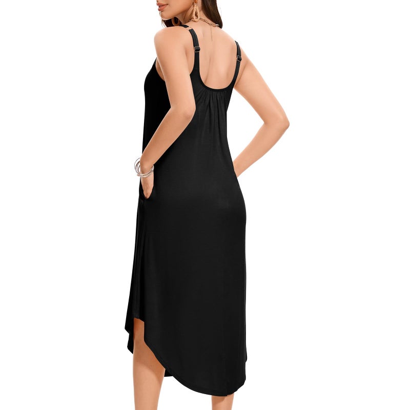 JOYSHAPER Built in Bra Summer Maxi Dresses Casual Sundress Beach Dress Vacation Dress with Pockets Pure Black - Image 2