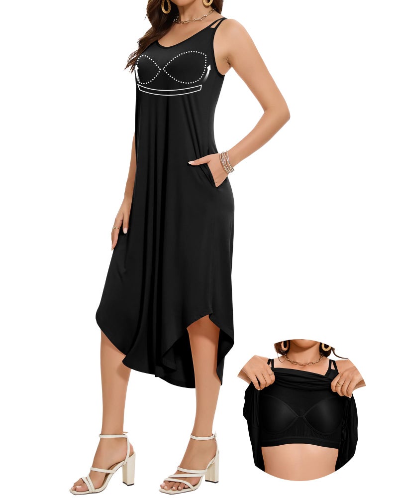 JOYSHAPER Built in Bra Summer Maxi Dresses Casual Sundress Beach Dress Vacation Dress with Pockets Pure Black - Image 1