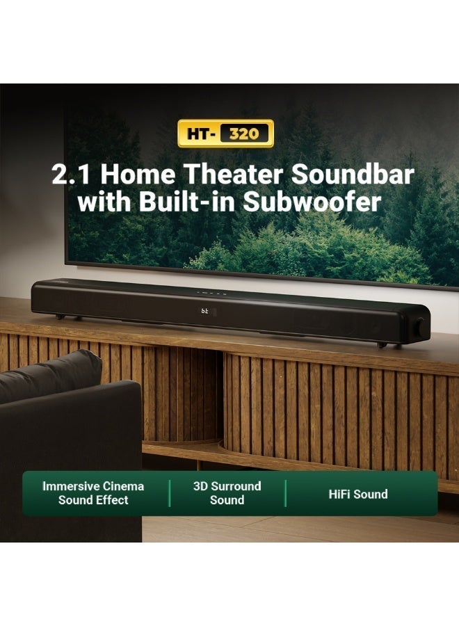 F&D HT-320 2.1Ch Home Theater Soundbar with Built-in Subwoofer 80W 3D Surround HiFi Audio from 6 Speakers, Bluetooth 5.0, Multi-Input (HDMI/Optical/AUX/USB), Remote Control for TV - Image 1