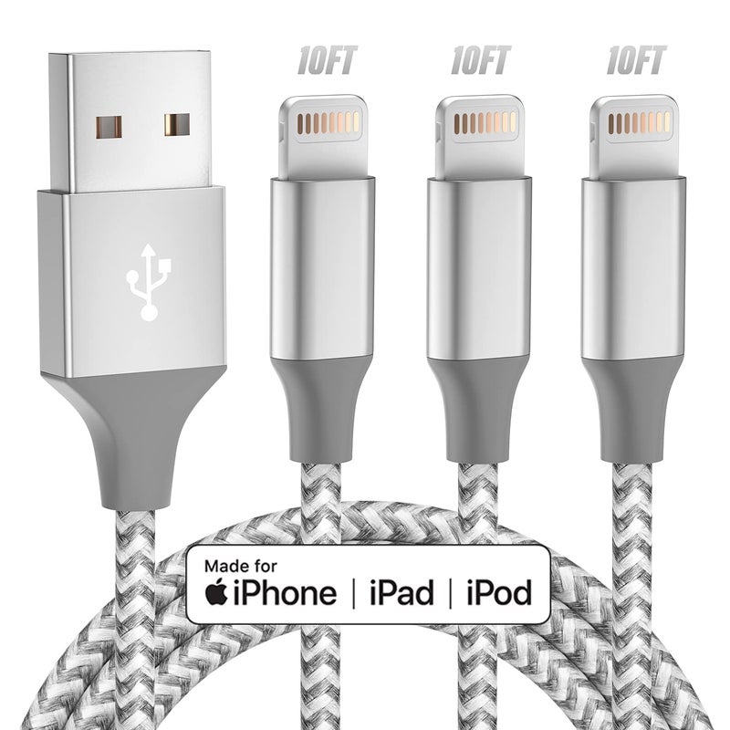 Bkayp iPhone Charger 3pack 10FT Apple MFi Certified Long Lightning Cable Fast Charging High Speed Data Sync USB Cable Compatible iPhone 14/13/12/11 Pro Max/XS MAX/XR/XS/X/8/7/Plus/6S (Grey White) - Image 1