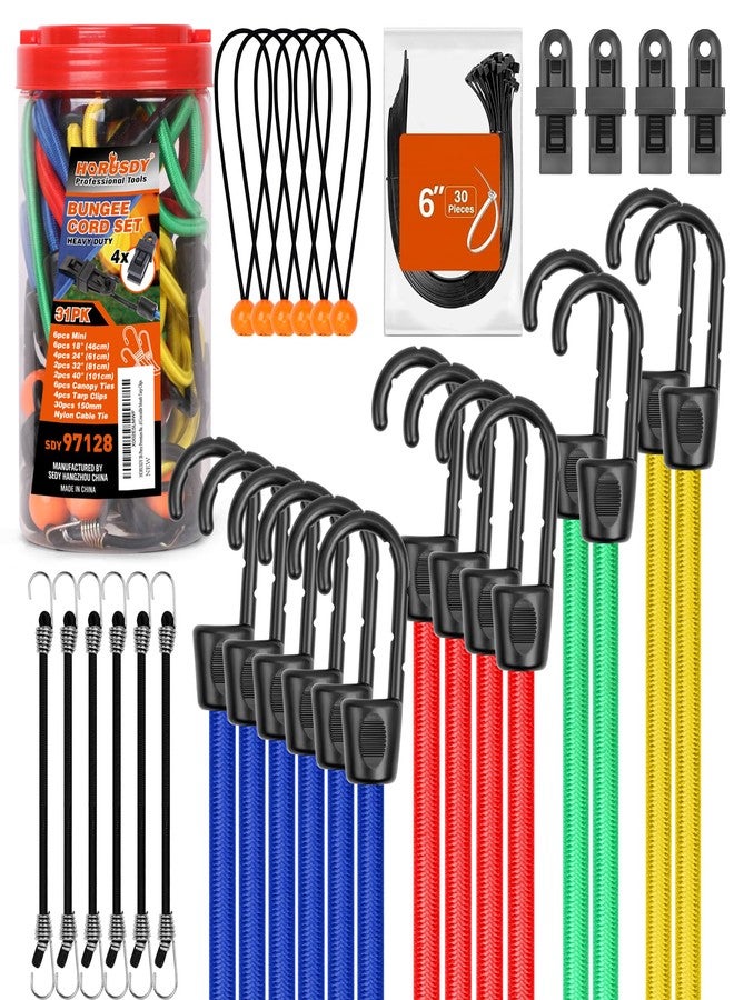 HORUSDY 31-Piece Premium Bungee Cords Assortment Jar, Includes 10”,18”,24”,32”,40” Bungee Cords, 6“ Zip Ties, 8”Canopy/Tarp Ball Ties and Crocodile Mouth Tarp Clips - Image 1
