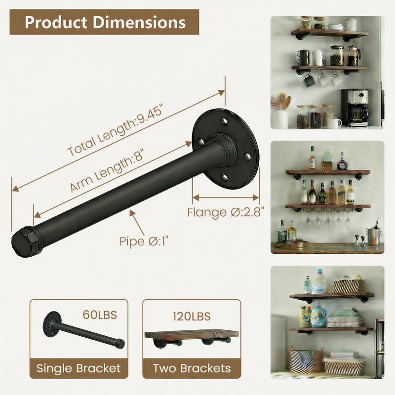 YCCO Industrial Black Iron Pipe Shelf Brackets Wall Mount DIY Shelving Brackets Pipe Decor Wall Rustic Garment Rack Hardware Included, 8 Inch Set of 8 - Image 4