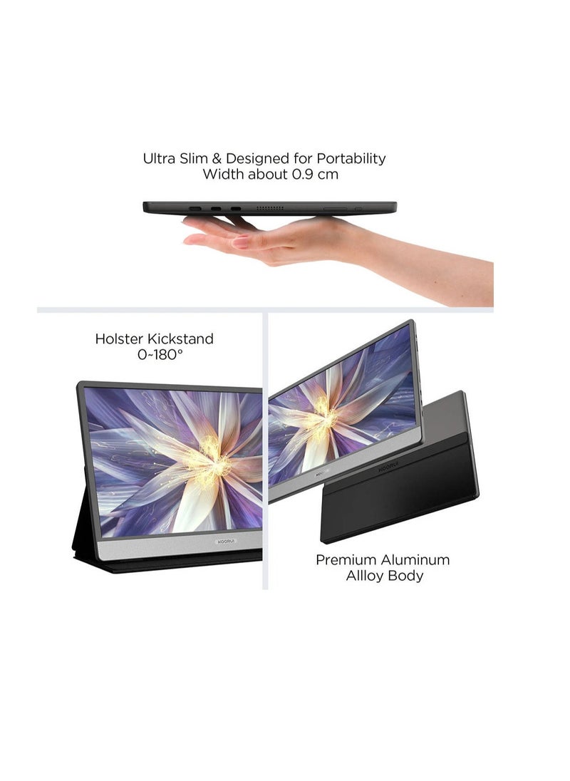 Koorui 15B1 15.6" IPS FHD Portable Monitor, Retina Display, 60Hz Refresh Rate, 5ms Response Time, 16 9 Aspect Ratio, Built-In Dual Speaker, Type-C & Mini HDMI Inputs, Black