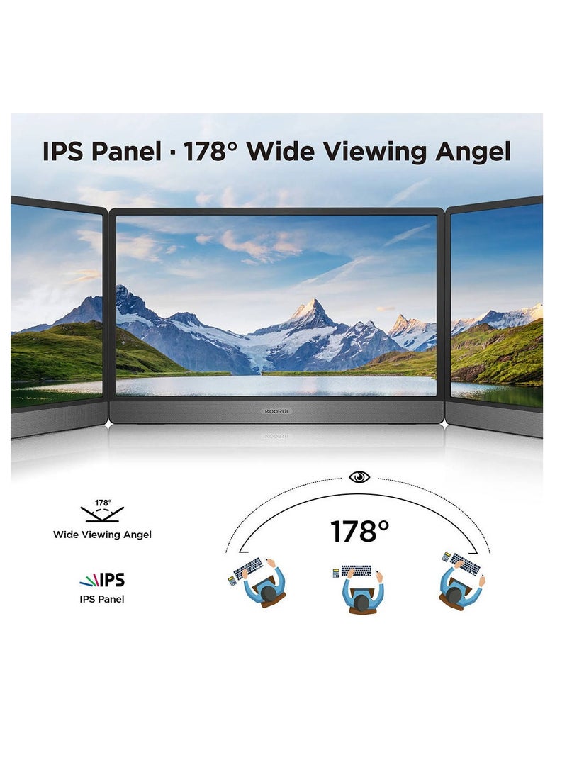 Koorui 15B1 15.6" IPS FHD Portable Monitor, Retina Display, 60Hz Refresh Rate, 5ms Response Time, 16 9 Aspect Ratio, Built-In Dual Speaker, Type-C & Mini HDMI Inputs, Black