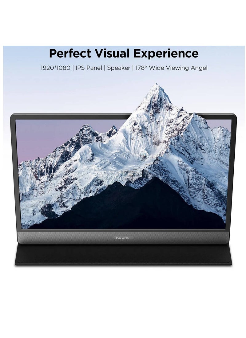 Koorui 15B1 15.6" IPS FHD Portable Monitor, Retina Display, 60Hz Refresh Rate, 5ms Response Time, 16 9 Aspect Ratio, Built-In Dual Speaker, Type-C & Mini HDMI Inputs, Black