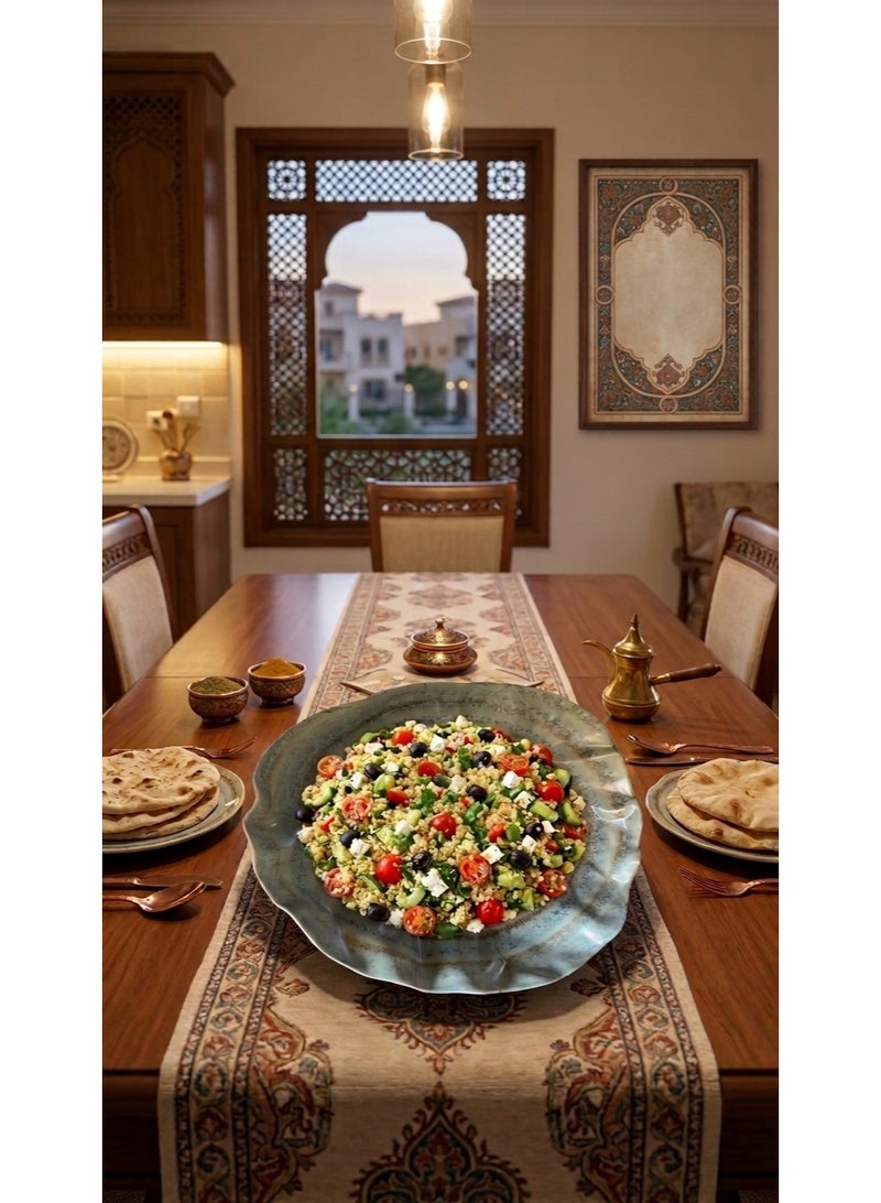 SHALL Large, flat, round melamine serving dish with an irregular wavy pattern, break-resistant, for the kitchen and dining room, rustic beige olive color. - Image 2