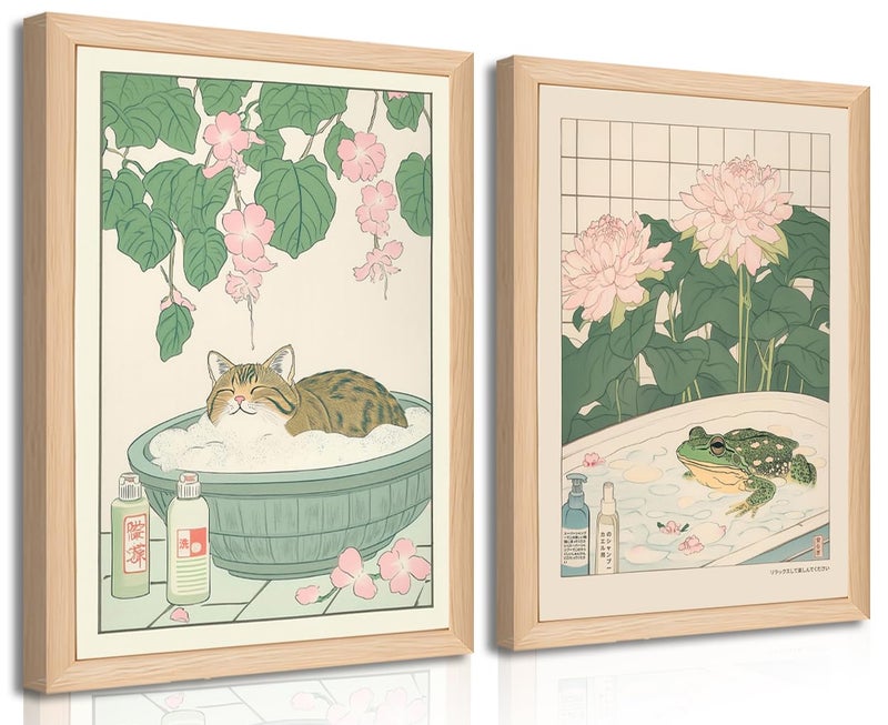 Riveda Set of 2 Japanese Bathroom Wall Art Framed Canvas with Cats & Frogs, Wooden Frame, Abstract Nature Poster Prints for Bathroom Decor, Minimalist Zen Painting Art for Home & Spa (12" W*16" H*2piece) - Image 1