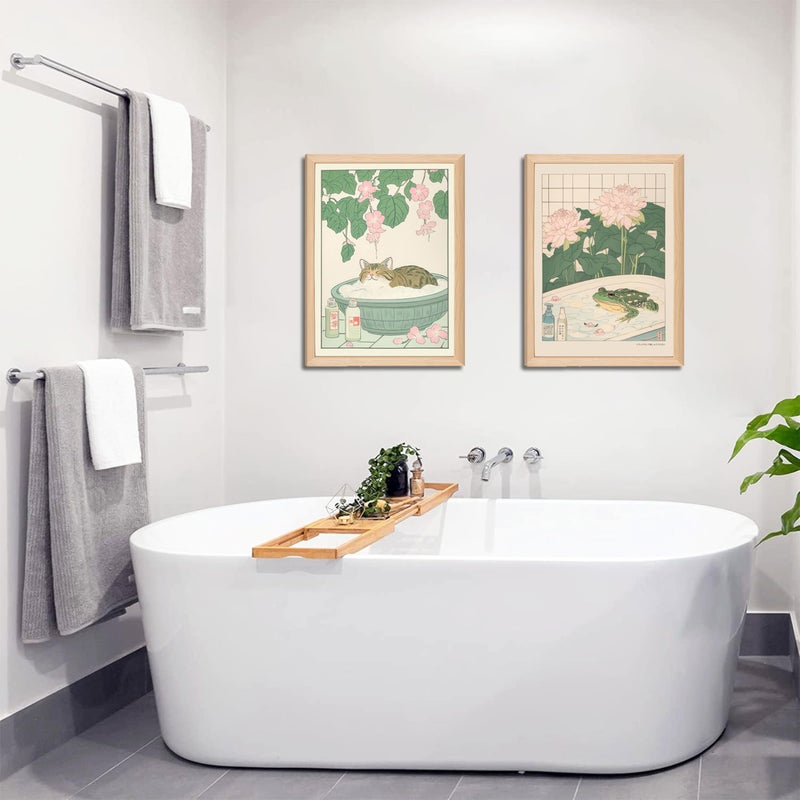 Riveda Set of 2 Japanese Bathroom Wall Art Framed Canvas with Cats & Frogs, Wooden Frame, Abstract Nature Poster Prints for Bathroom Decor, Minimalist Zen Painting Art for Home & Spa (12" W*16" H*2piece) - Image 5