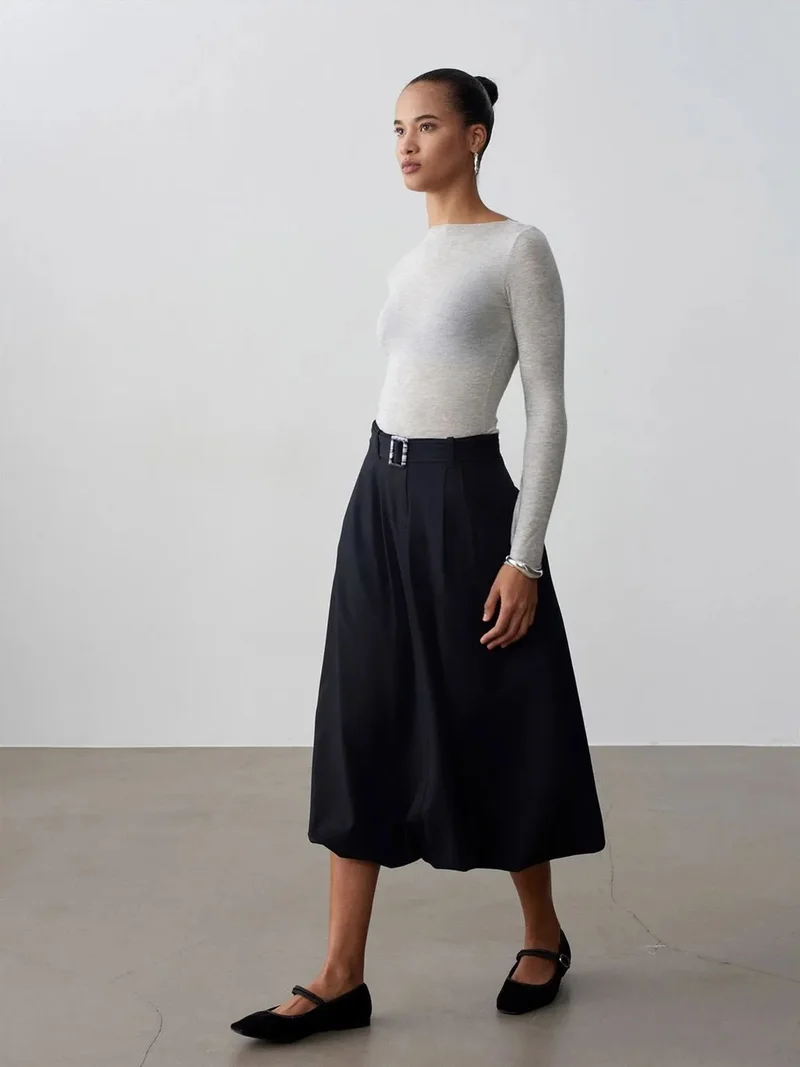 Dilvin DILVIN High-waist Belted Midi Balloon Skirt