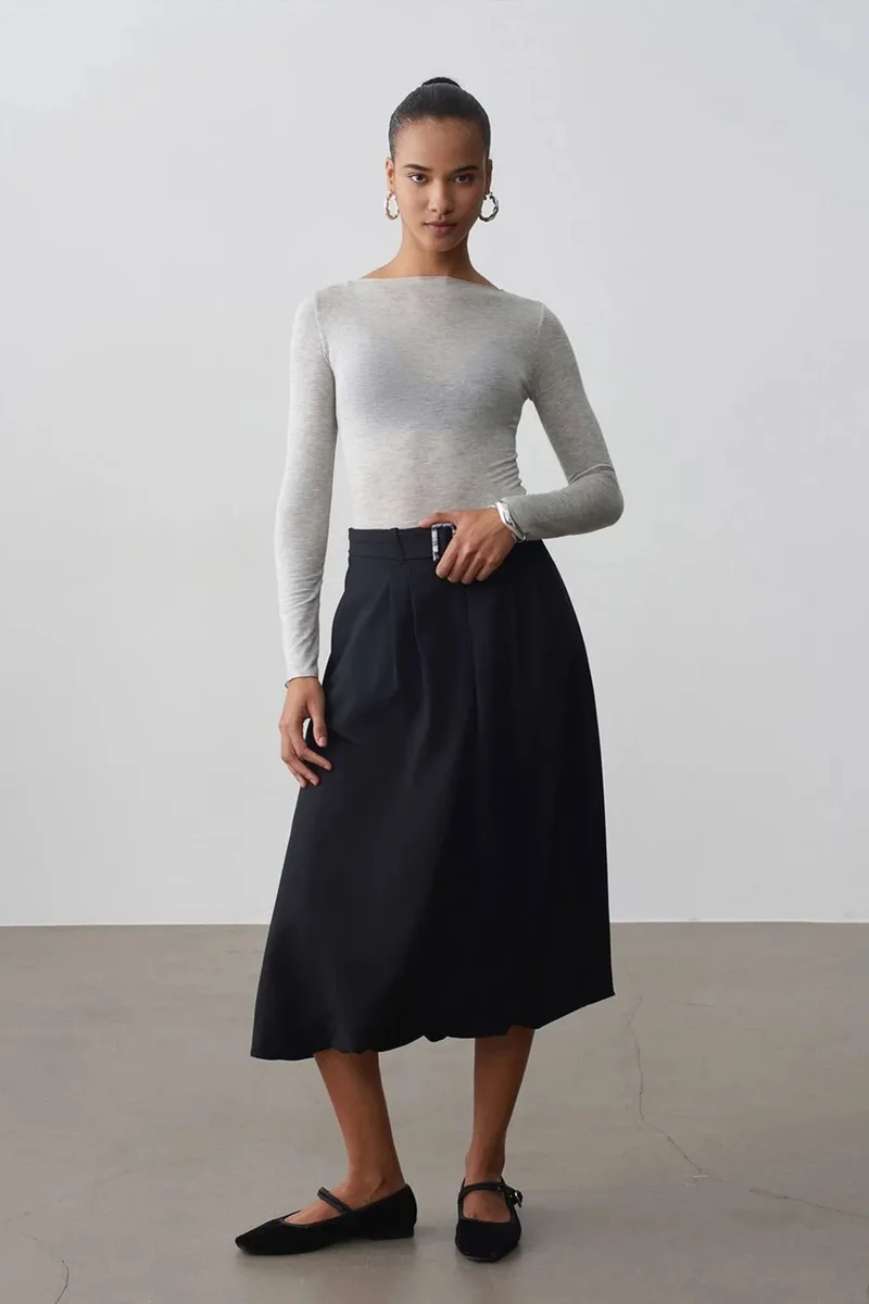 Dilvin Black DILVIN High-waist Belted Midi Balloon Skirt for Women | Best Price UAE