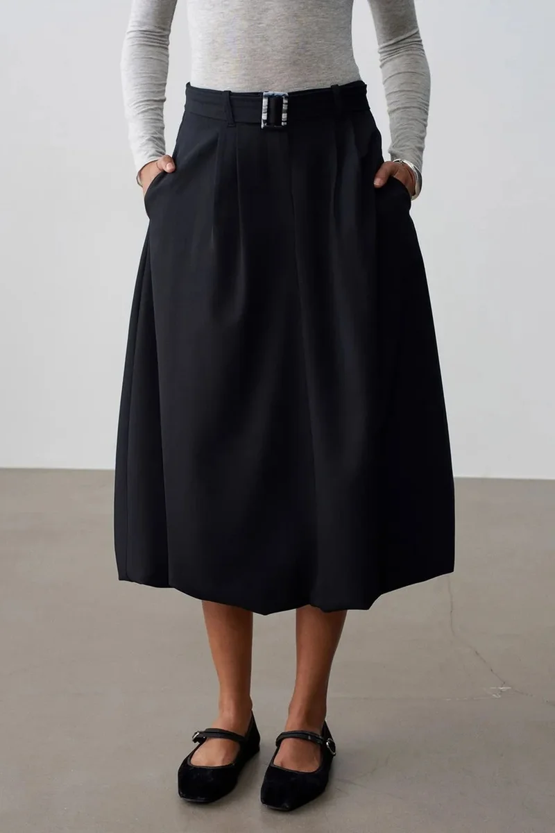 Dilvin Black DILVIN High-waist Belted Midi Balloon Skirt for Women | Best Price UAE