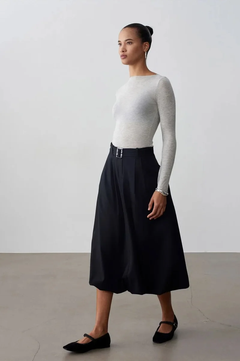 ديلفين DILVIN High-waist Belted Midi Balloon Skirt