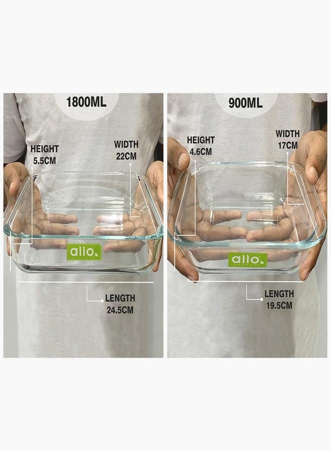 Allo Borosilicate Square Glass Baking Dish, Baking Tray, Oven and Microwave Safe, Set of 2 900ml, 1800ml, Transparent - Image 2