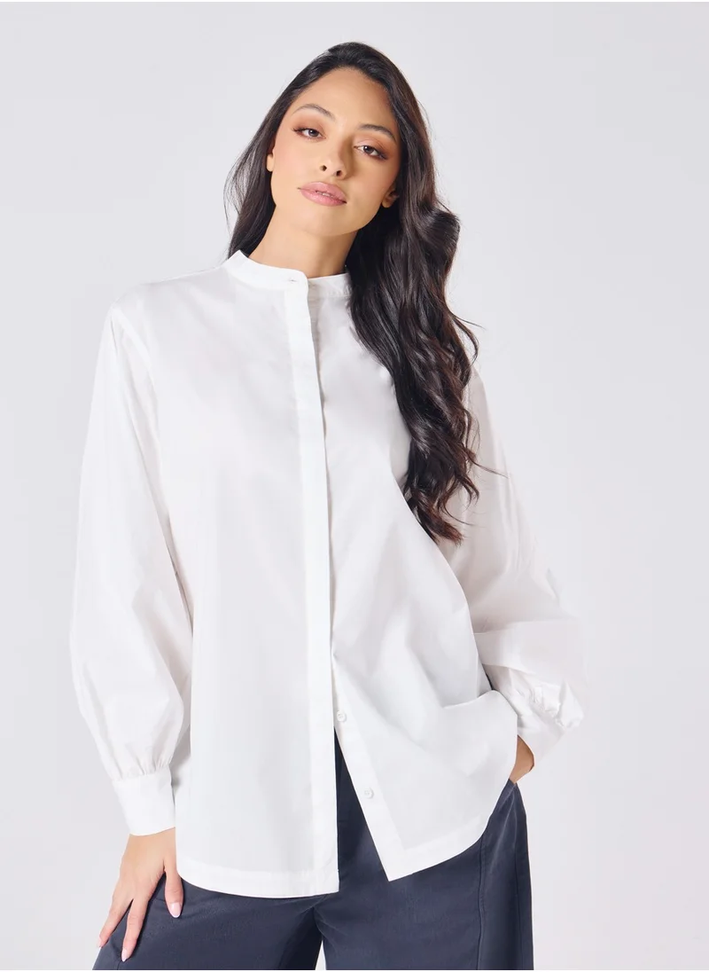 Zigzag Mandarin  Collar Cotton Oversized Shirt- Offwhite