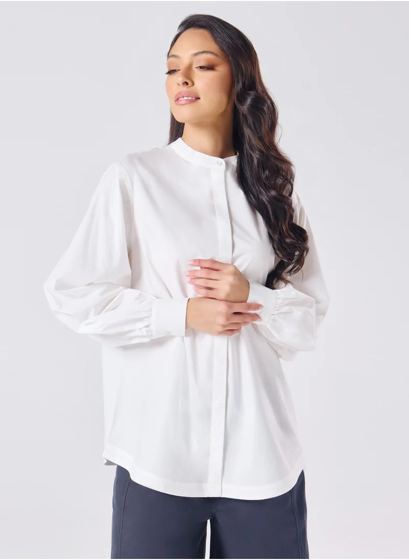 Zigzag Mandarin  Collar Cotton Oversized Shirt- Offwhite