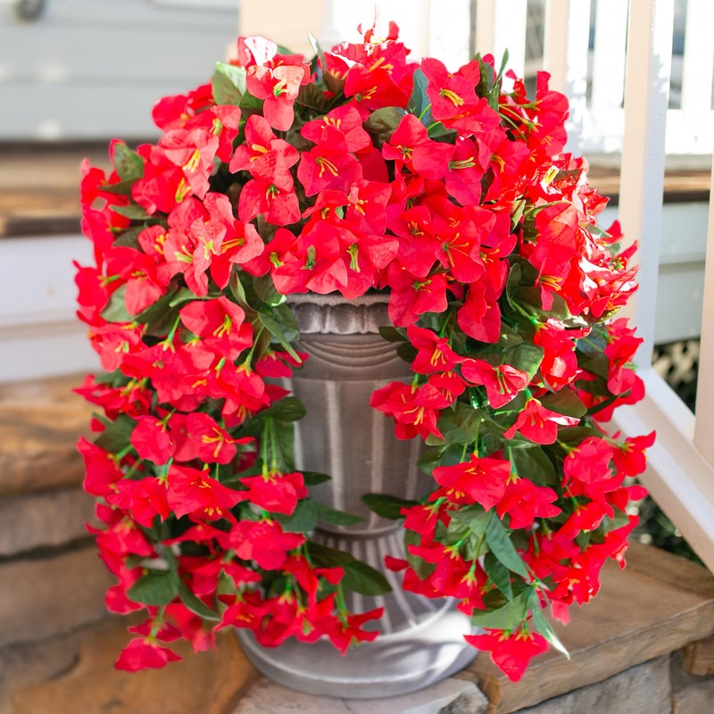 HyeFlora Bougainvillea Artificial Hanging Flowers Plants for Outdoors Decoration, 2pcs Red Fake Flowers Silk Bougainvillea Vines Realistic UV Resistant Faux Flowers for Outside Planters Porch Patio - Image 1