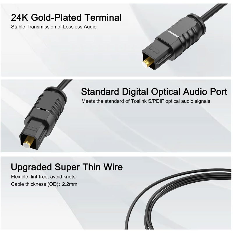 DteeDck Digital Optical Audio Cable 6 feet, Fiber Optic Cable Ultra-Thin Cord, SPDIF Toslink Optical Cable Compatible with TV Sound Bar Home Theater PS4 Xbox Samsung Vizio - Image 2