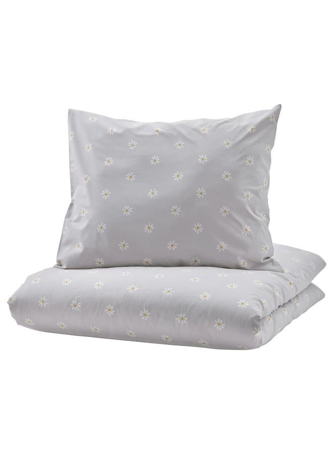 Zaboon Duvet cover and pillowcase, floral pattern grey/white, 150x200/50x80 cm - Image 1