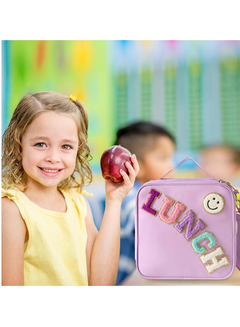 Insulated Lunch Bag With Adjustable Shoulder Strap, Nylon Preppy Lunch Box Large Insulated Lunch Bag Reusable Lunch Tote Bag with Smiley Preppy LunchBag for Girls School Travel Picnic (Purple) - Image 2