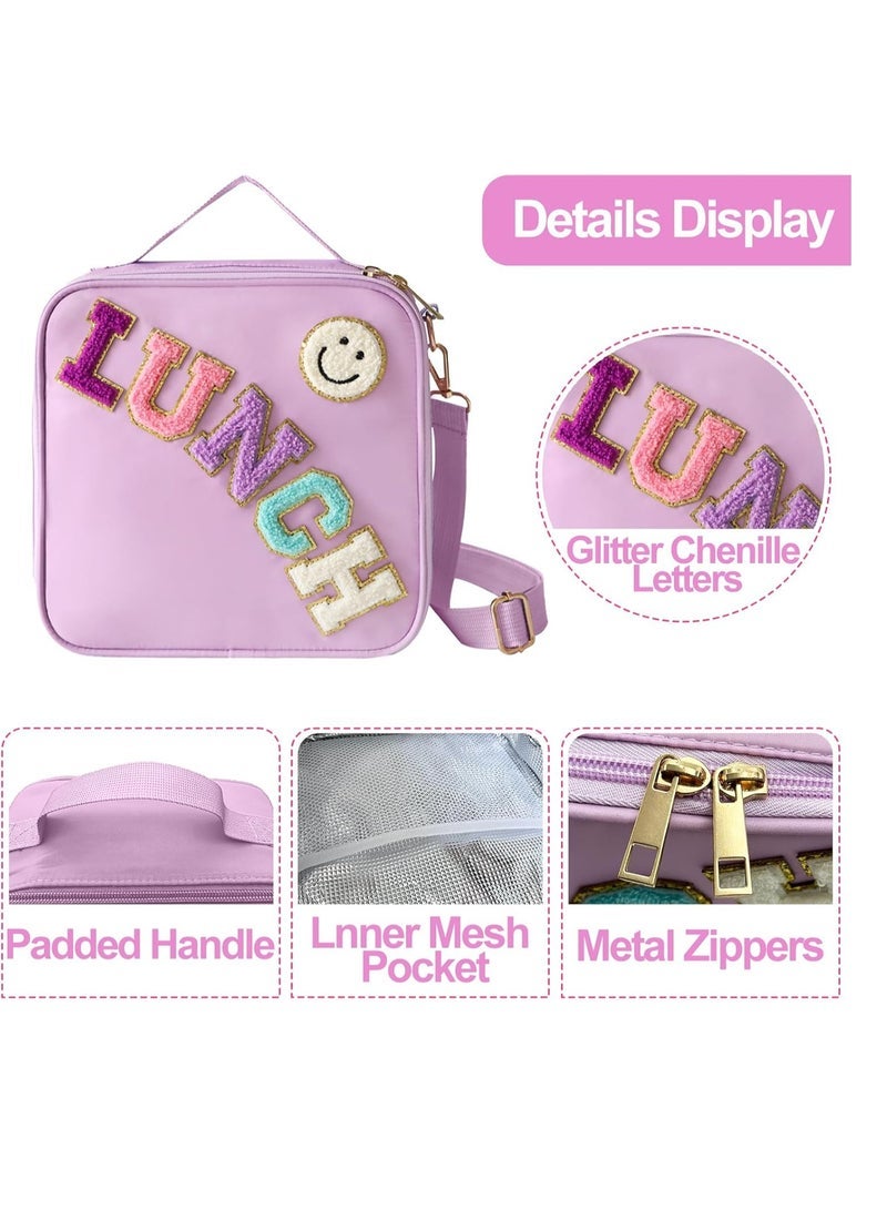 Insulated Lunch Bag With Adjustable Shoulder Strap, Nylon Preppy Lunch Box Large Insulated Lunch Bag Reusable Lunch Tote Bag with Smiley Preppy LunchBag for Girls School Travel Picnic (Purple) - Image 4